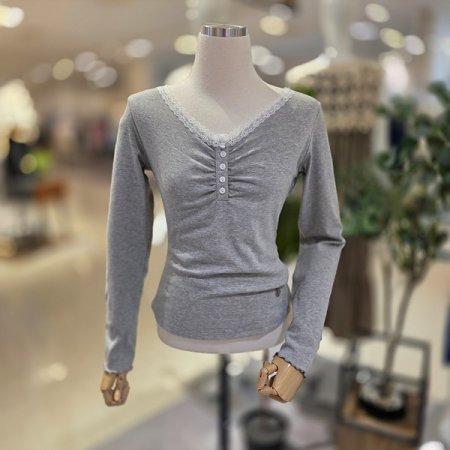 레이스배색브이넥가을긴팔티