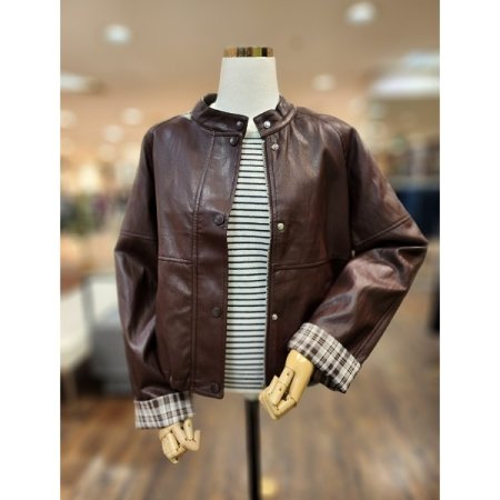 체크배색레더자켓