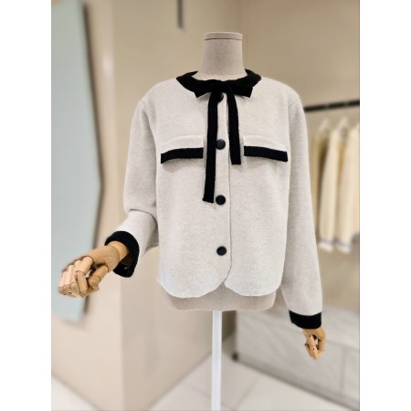 리본띠 라인배색 울 가디건