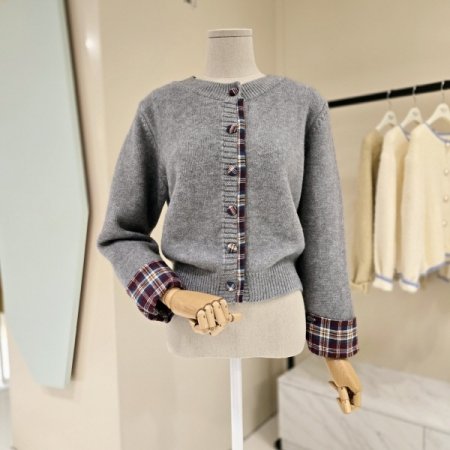 체크 모티브 라운드 크롭 니트가디건