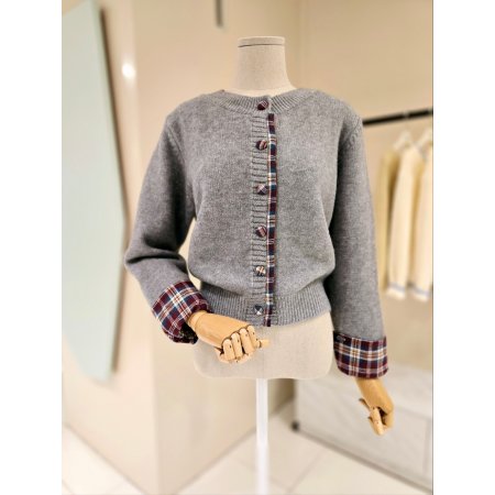 체크 모티브 라운드 크롭 니트가디건