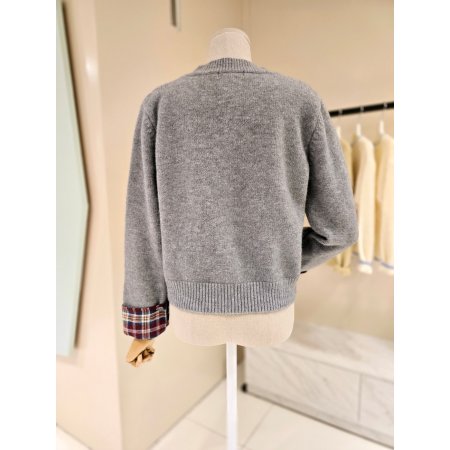 체크 모티브 라운드 크롭 니트가디건