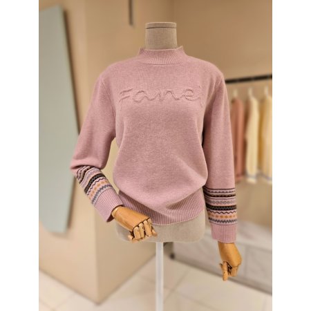 소매배색 레터링 반폴라 니트