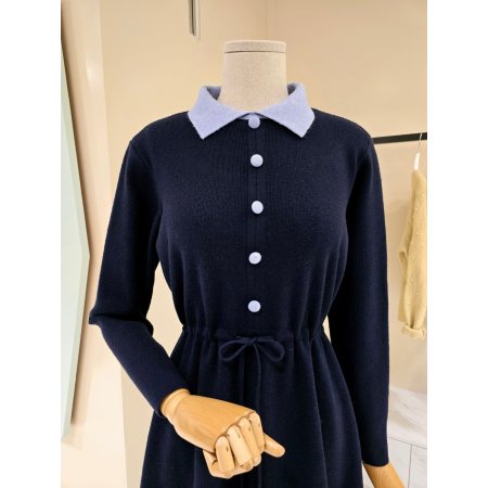 카라배색 스트링 니트 원피스