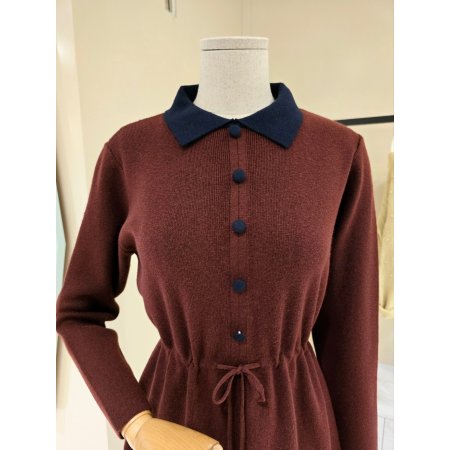 카라배색 스트링 니트 원피스