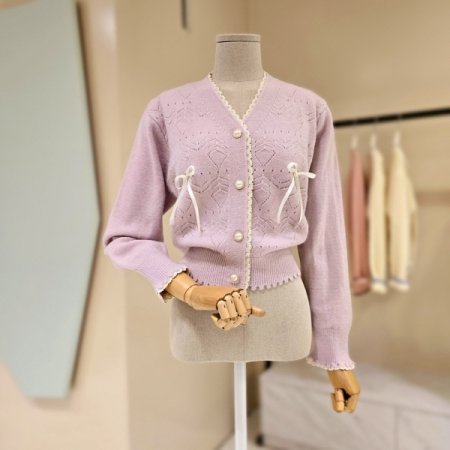 레이스 라인 리본 브이넥 가디건