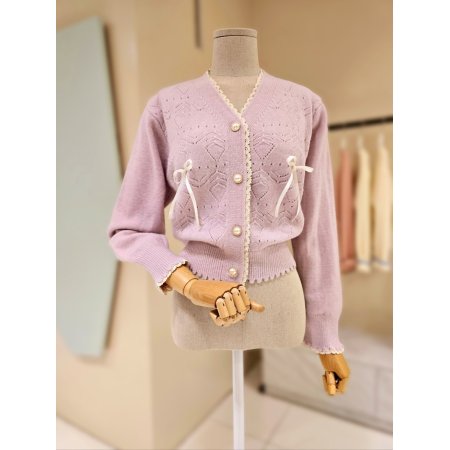 레이스 라인 리본 브이넥 가디건