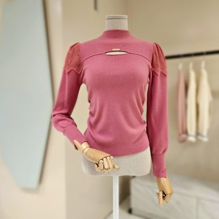 레이스 셔링 하이넥 니트