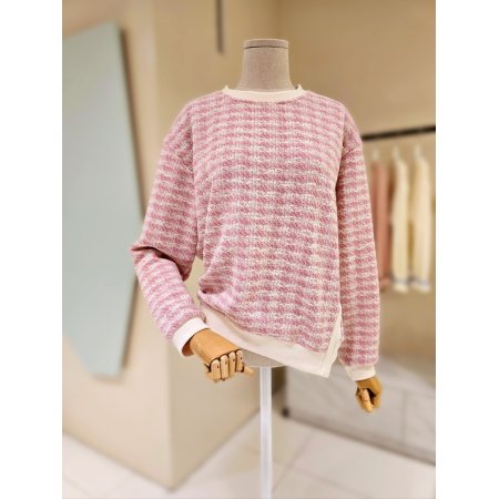 잔체크 배색 라운드 티셔츠