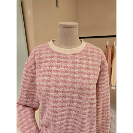 잔체크 배색 라운드 티셔츠