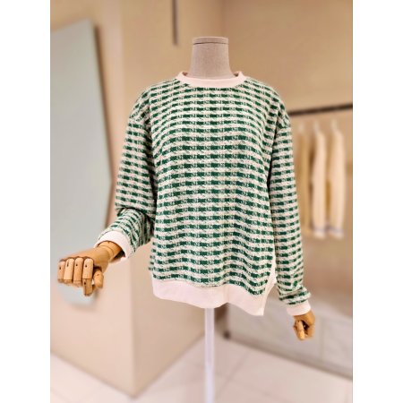 잔체크 배색 라운드 티셔츠