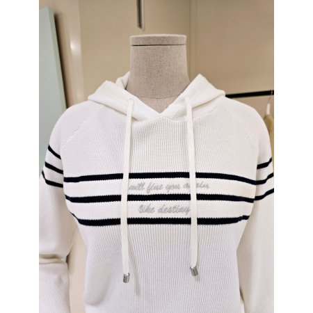 단가라 배색 후드 니트티셔츠