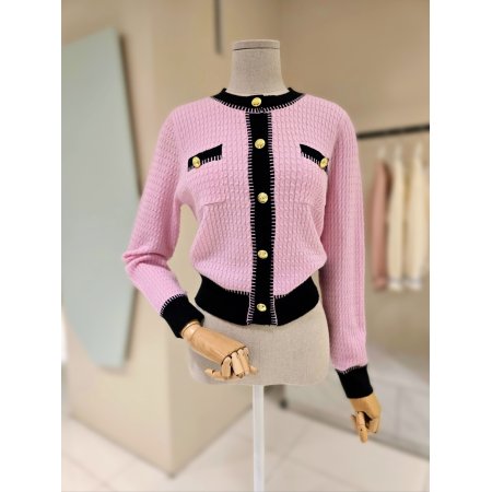 배색라인 꽈배기 니트 가디건