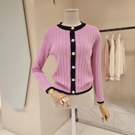 라인배색 펀칭 니트가디건