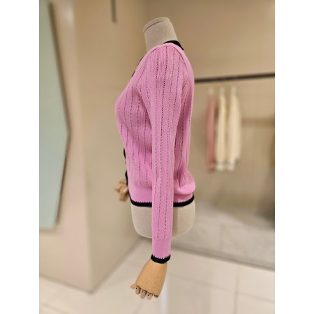 라인배색 펀칭 니트가디건