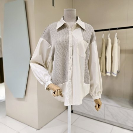 언발 니트 배색 셔츠블라우스