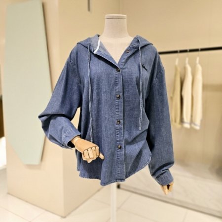 자수 후드 데님 블라우스