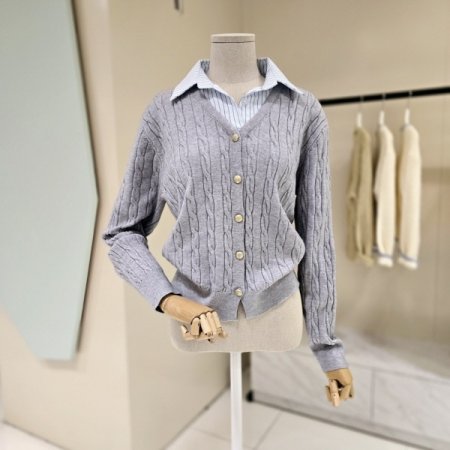 꽈배기 단가라 셔츠배색 니트가디건