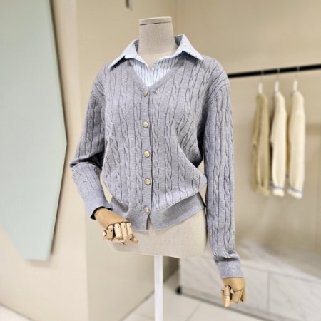 꽈배기 단가라 셔츠배색 니트가디건