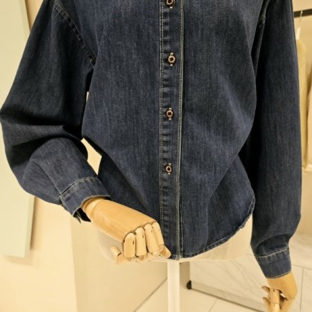 리본타이 진청 블라우스