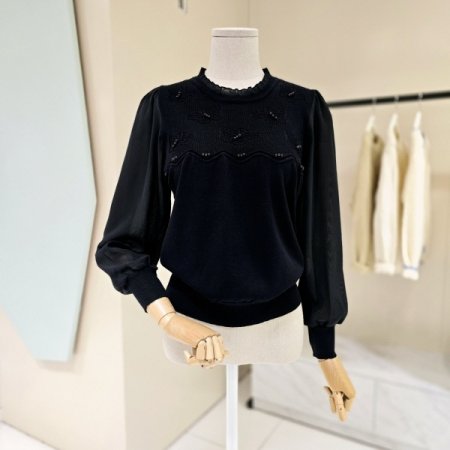 시폰소매 진주장식 라운드니트