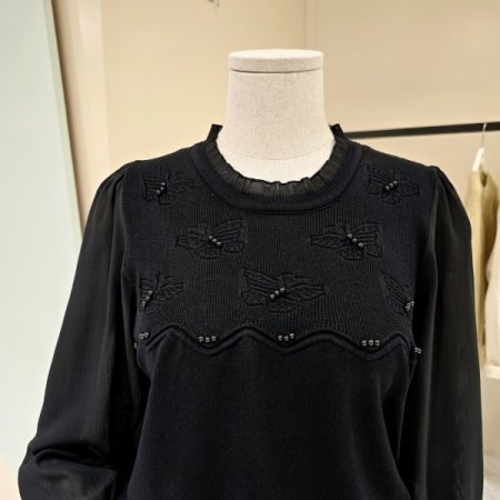 시폰소매 진주장식 라운드니트