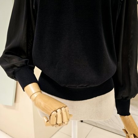 시폰소매 진주장식 라운드니트