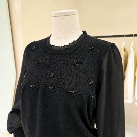 시폰소매 진주장식 라운드니트