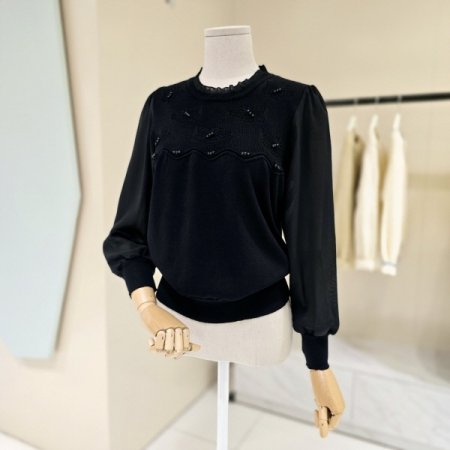 시폰소매 진주장식 라운드니트