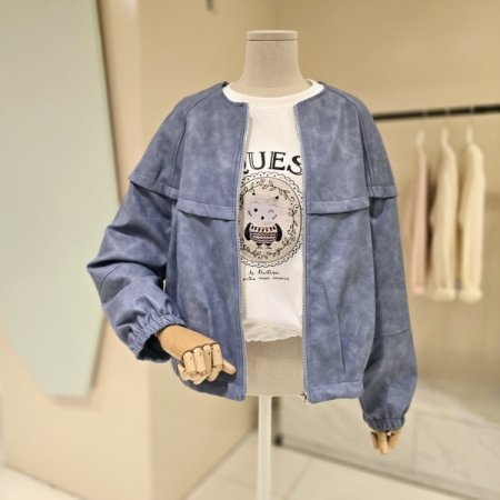 스트링 볼륨소매 라운드 레더자켓