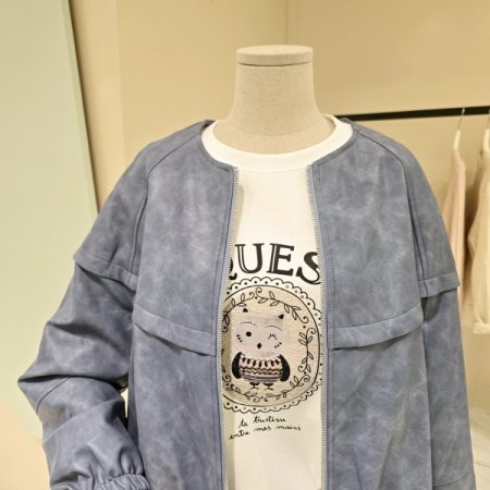 스트링 볼륨소매 라운드 레더자켓