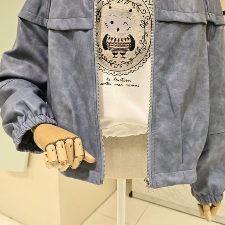 스트링 볼륨소매 라운드 레더자켓