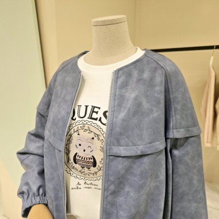 스트링 볼륨소매 라운드 레더자켓