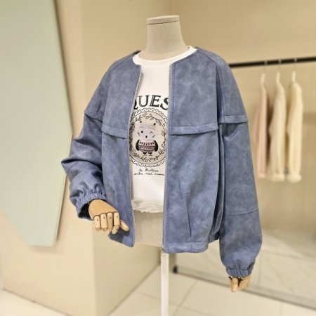 스트링 볼륨소매 라운드 레더자켓