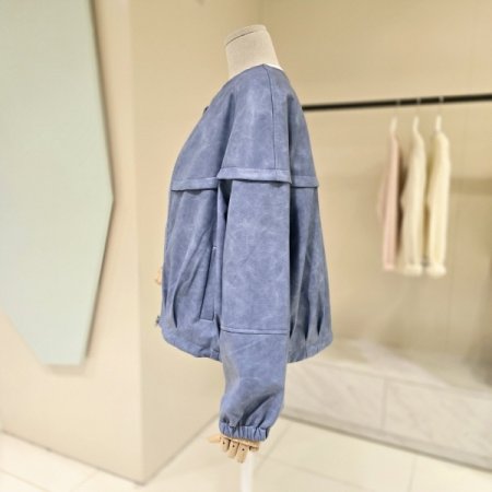 스트링 볼륨소매 라운드 레더자켓