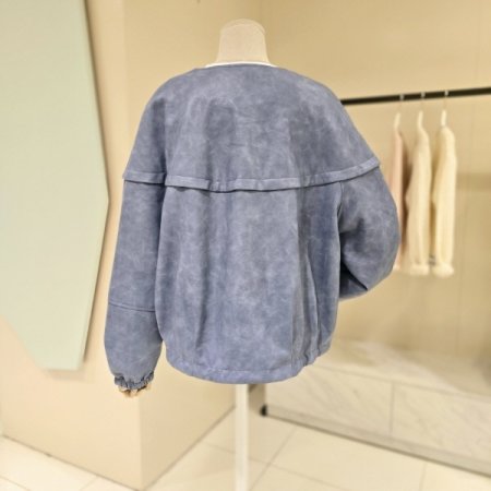 스트링 볼륨소매 라운드 레더자켓