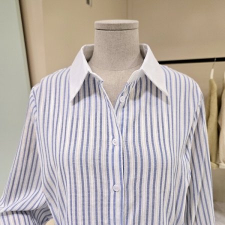 허리 주름 스트라이프 카라 셔츠블라우