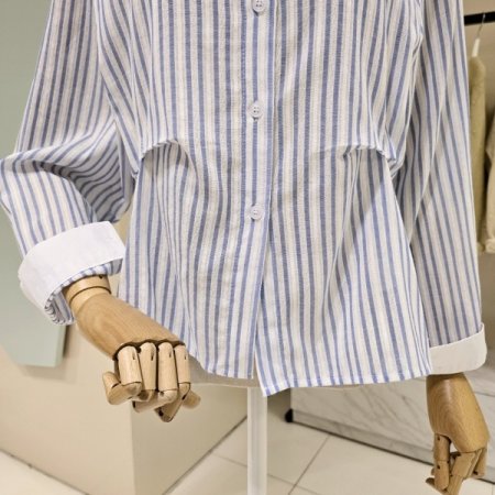 허리 주름 스트라이프 카라 셔츠블라우