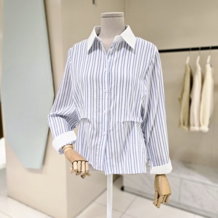 허리 주름 스트라이프 카라 셔츠블라우