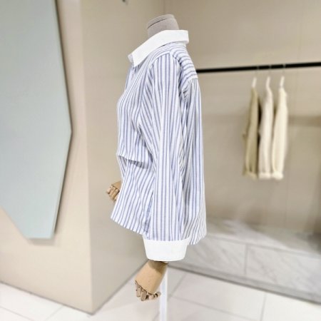 허리 주름 스트라이프 카라 셔츠블라우
