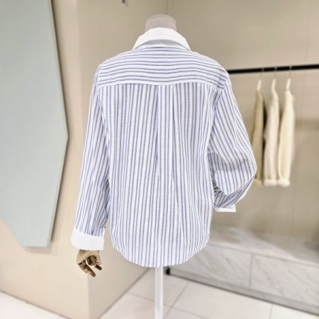 허리 주름 스트라이프 카라 셔츠블라우