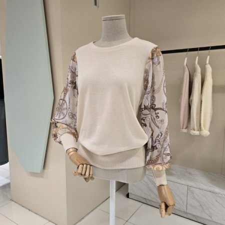 시폰소매 배색 라운드 니트