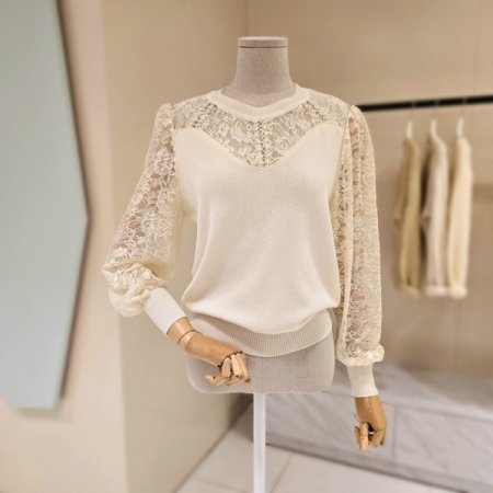 레이스 시스루 배색 니트
