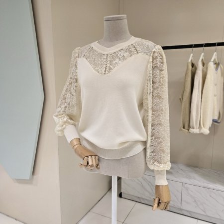 레이스 시스루 배색 니트