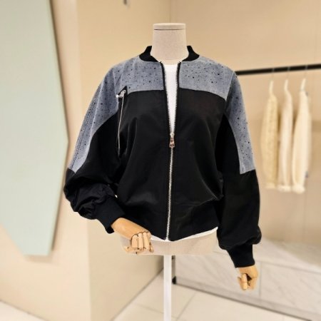 데님 배색 비즈 집업점퍼