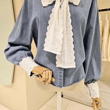 레이스 리본카라 데님 블라우스