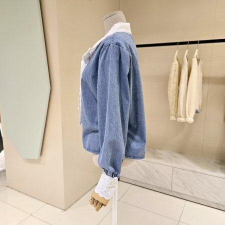 레이스 리본카라 데님 블라우스