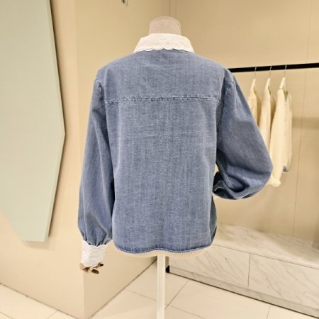 레이스 리본카라 데님 블라우스