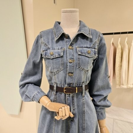 슬림핏 절개 벨트세트 데님원피스