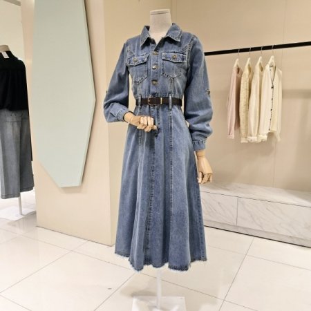 슬림핏 절개 벨트세트 데님원피스